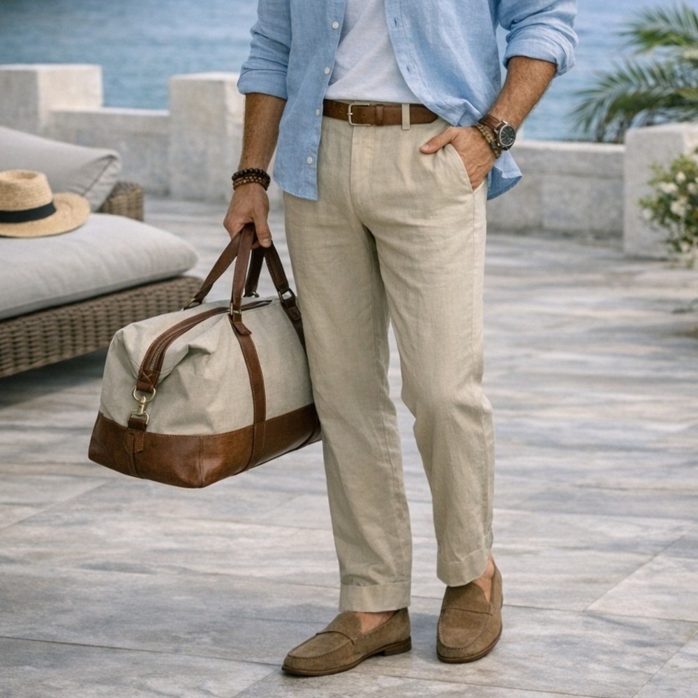 Calvin Klein 100% Linen Flat Front Trousers Beige 40R Portly P40R Breathable